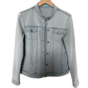 J. MCLAUGHLIN Light Wash Stretch Denim Blue Jean Jacket + Gold Buttons Large